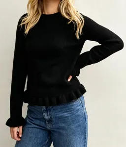 Black long sleeve knit sweater with ruffled hem and cuffs, classic o-neck pullover detail.