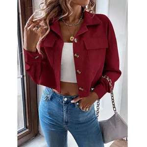 Damen rote Cord Kurzjacke Freizeit Revers Langarm einreihig geknöpft Hemdjacke Oberteil
