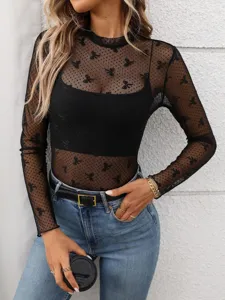 Sexy Y2K sheer mesh long sleeve top for women featuring mock neck and cute bow print.