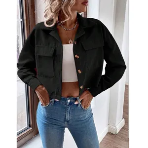 Modische Damen Casual Einreiher Revers Cord Langarm Crop Jacke Hemd für Herbst