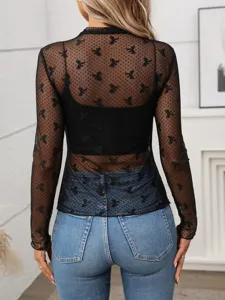 Black sheer mesh long sleeve high neck top with cute bow pattern for women fashion style.