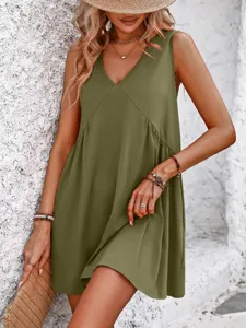 Casual V-neck sleeveless loose summer dress for women, stylish olive green daily wear.
