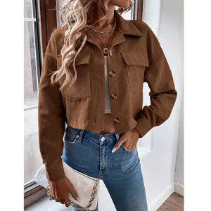 Damen Freizeit Einreiher Revers Cord Langarm Kurzjacke Hemd Herbst Outfits Oberbekleidung