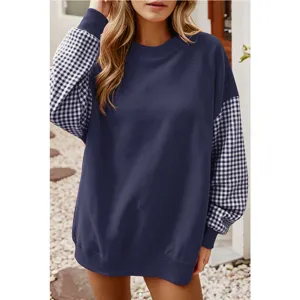 Femme sweat-shirt col rond manches longues décontracté ample carreaux haut principal