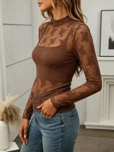 Brown sheer lace mesh mock neck long sleeve top for women, sexy Y2K stylish detail view.