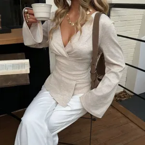 Γυναικείο Κομψό Τοπ V-Neck Μακρυμάνικο Στενό Μπεζ Casual Ρούχα Y2K Μόδα Κορυφαίο