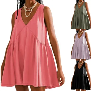 Women's Casual V-Neck Sleeveless Tank Loose Mini Dress Summer Solid Color Patchwork Pleated A-Line Beach Party Dress