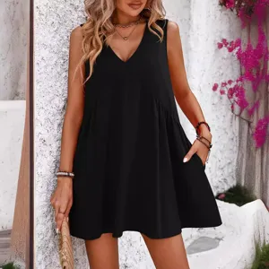Women summer casual V-neck sleeveless loose mini dress solid black main view fashion look