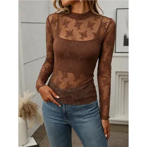 Brown Sheer Mesh Long Sleeve Mock Neck Top Women Trendy Floral Flocking Slim Fit T-Shirt
