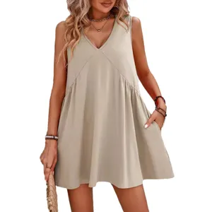 Summer casual v-neck sleeveless loose mini dress with pockets for women solid color daily wear