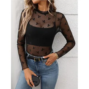 Women's sheer mesh long sleeve mock turtleneck top slim fit casual stylish blouse shirt.