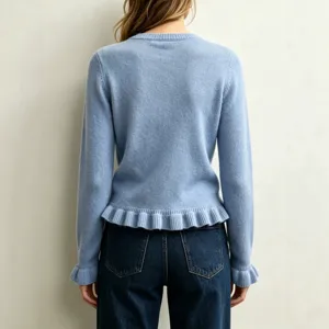 Solid light blue round neck long sleeve knitted pullover sweater with chic ruffled hem for women