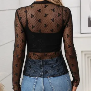 Women Y2K Sheer Mesh Long Sleeve Mock Neck Bow Print Slim Fit Sexy Top Autumn Fashion