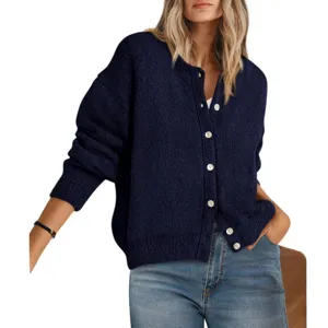 Women's casual loose crew neck long sleeve button down knit cardigan sweater coat solid color