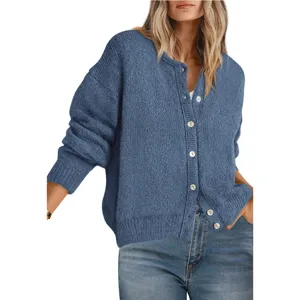 Women's loose crewneck button knit cardigan long sleeve solid color sweater coat main view