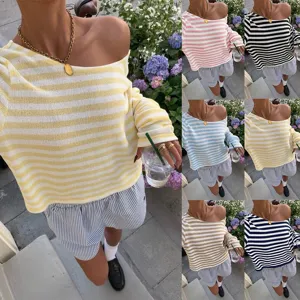 Dames Casual Gestreept Gebreid Langarm T-Shirt Los Schouderloos Top Voor Herfst Dagelijks