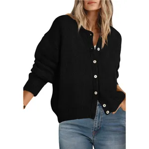 Women's solid color long sleeve button knit cardigan sweater, casual round neck outerwear.