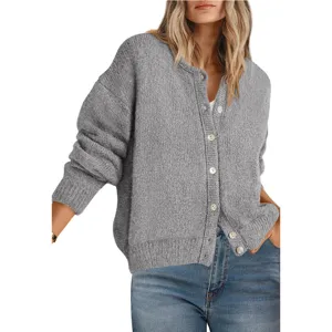 Womens casual loose crewneck button knit cardigan sweater in solid grey, perfect for autumn winter.