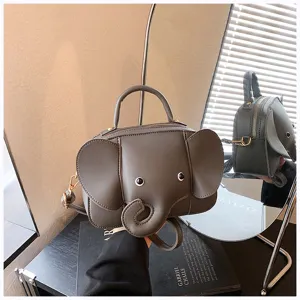 Detail view of the cute grey elephant shaped handbag, showing fine PU leather and cute design.