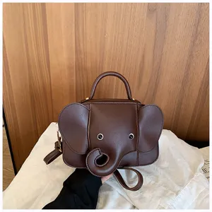 Cute elephant shape brown handbag for women, creative PU leather crossbody bag, novel daily purse.
