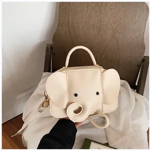 Cute cartoon elephant shaped PU handbag, beige mini shoulder crossbody bag for women and girls.