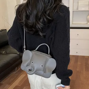Cute grey elephant shaped crossbody bag detail, creative cartoon design, stylish women handbag
