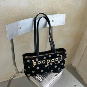 Chic borsa a spalla nera a pois da donna, elegante borsa da lavoro con dettagli in metallo.