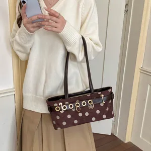 Elegante borsa a tracolla marrone a pois da donna, borsa chic da lavoro con anello in metallo.