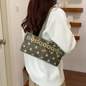 Borsa a spalla verde a pois alla moda, elegante borsa da giorno per donna stile autunnale.