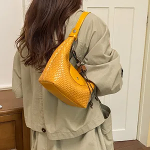 Women yellow woven shoulder bag casual hobo dumpling bag stylish commuter crossbody bag
