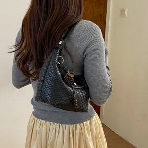 Black woven leather shoulder bag women luxury dumpling hobo bag casual commuting crossbody bag