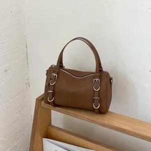 Borsa a mano cilindrica marrone da donna, elegante borsa a tracolla vintage in pelle PU.