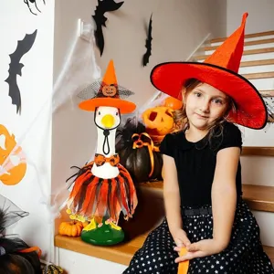 Halloween porch goose costume set with orange witch hat, printed bow tie, and tutu skirt.