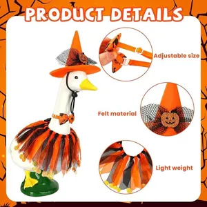 Halloween porch goose costume set with witch hat, bow tie and tutu skirt for decor.