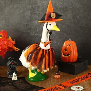 Halloween porch goose costume set 23 inch orange witch hat bowtie tulle skirt decor