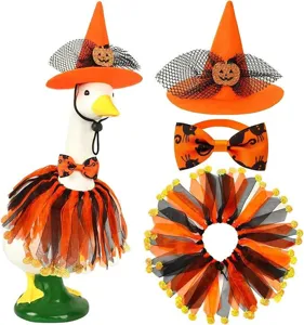 Halloween porch goose costume set with orange witch hat, printed bow tie, and tulle tutu skirt.