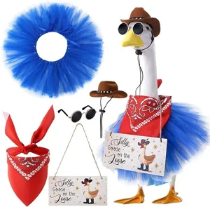 Porch goose outfit set with cowboy hat, sunglasses, red bandana, and blue tutu skirt.