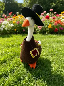 Plush goose toy featuring a pilgrim hat and turkey costume, showcased in an outdoor garden.