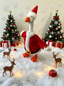 Christmas goose desktop decoration set with cute Santa outfit, festive holiday display prop.