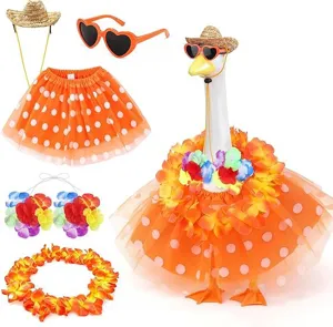 Porch goose summer outfit set with straw hat heart sunglasses orange tutu skirt and flower leis