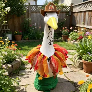 Detail shot of the Thanksgiving porch goose costume set featuring a cute cowboy hat and scarf.