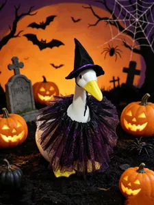 Porch goose Halloween witch hat and purple spider tulle tutu skirt costume set detail view.
