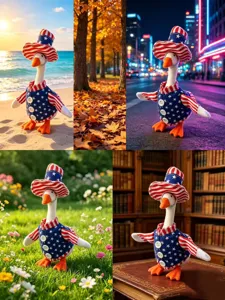 Detailed view of the 7-inch Independence Day plush goose toy with patriotic outfit and hat.