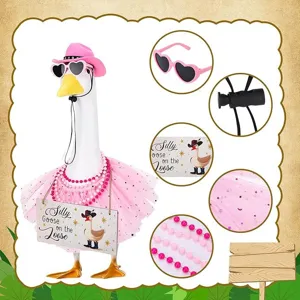 Close-up details of 23-inch porch goose costume accessories including hat, sunglasses, and tutu.