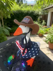 Detail shot of the 7-inch little goose 4th of July cowboy hat and patriotic outfit set.