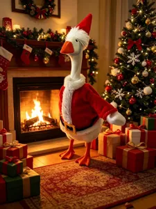 Festive Christmas goose statue in a cozy holiday scene with decorated tree and fireplace.