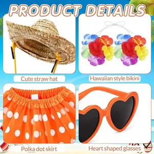 Close-up detail showing the summer beach straw hat, flower bikini, and heart sunglasses set.