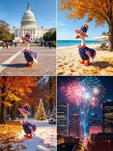 7-inch patriotic goose plush toy with American flag outfit and top hat, holiday desktop decor.