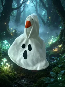 Detail view of 7-inch goose plush wearing white ghost cape for Halloween dress-up.