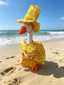 7 inch little goose beach bikini set, cute yellow polka dot summer hat swimwear details.